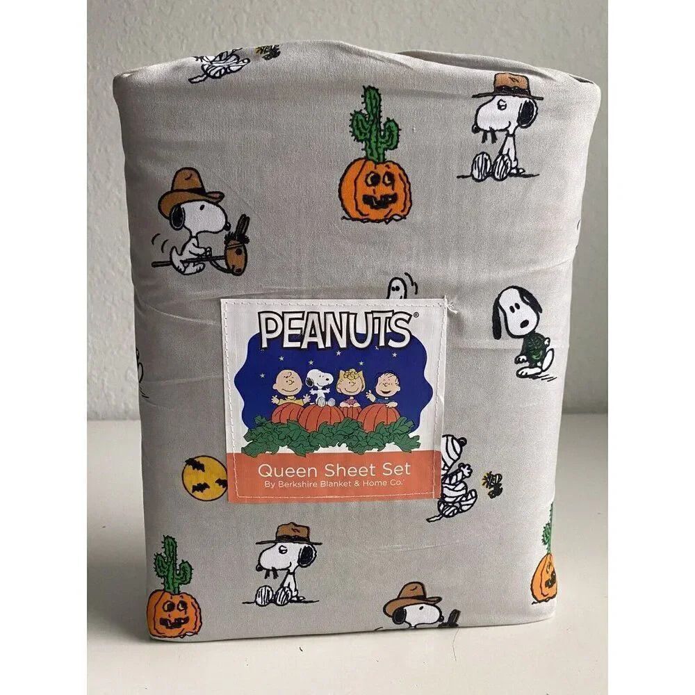 Peanuts Snoopy Halloween QUEEN Sheet Set Pumpkin Cactus Cowboy Pumpkin NEW
